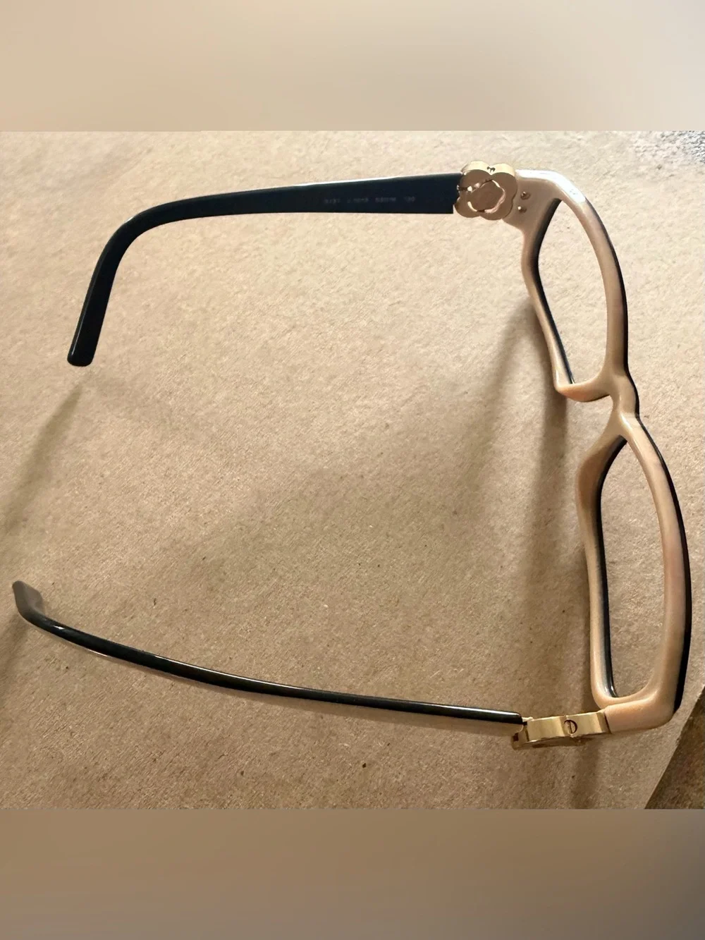 CHANEL Black Frames with Tan Inner Trim and Gold Flower with emblem on temples